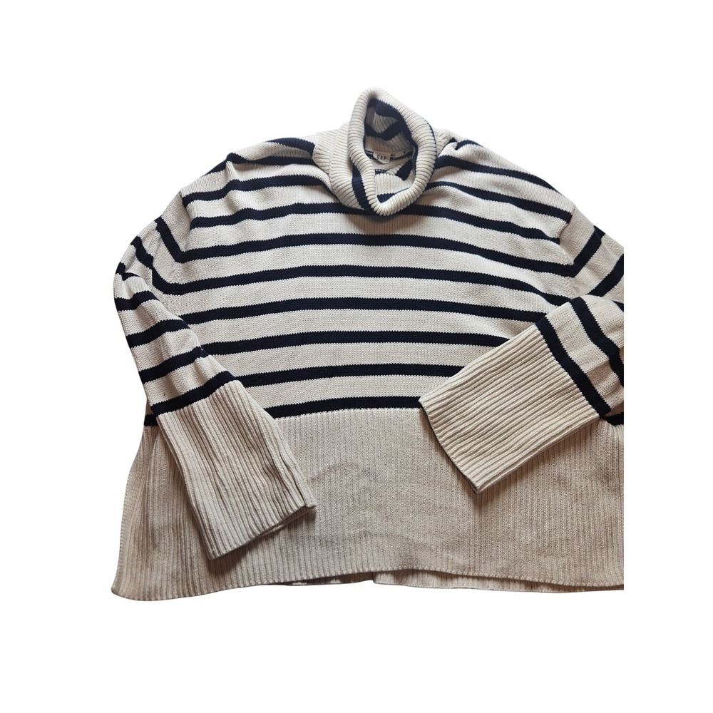 Gap Womens Striped Turtleneck Sweater Cream Navy Blue Cotton Knit Small